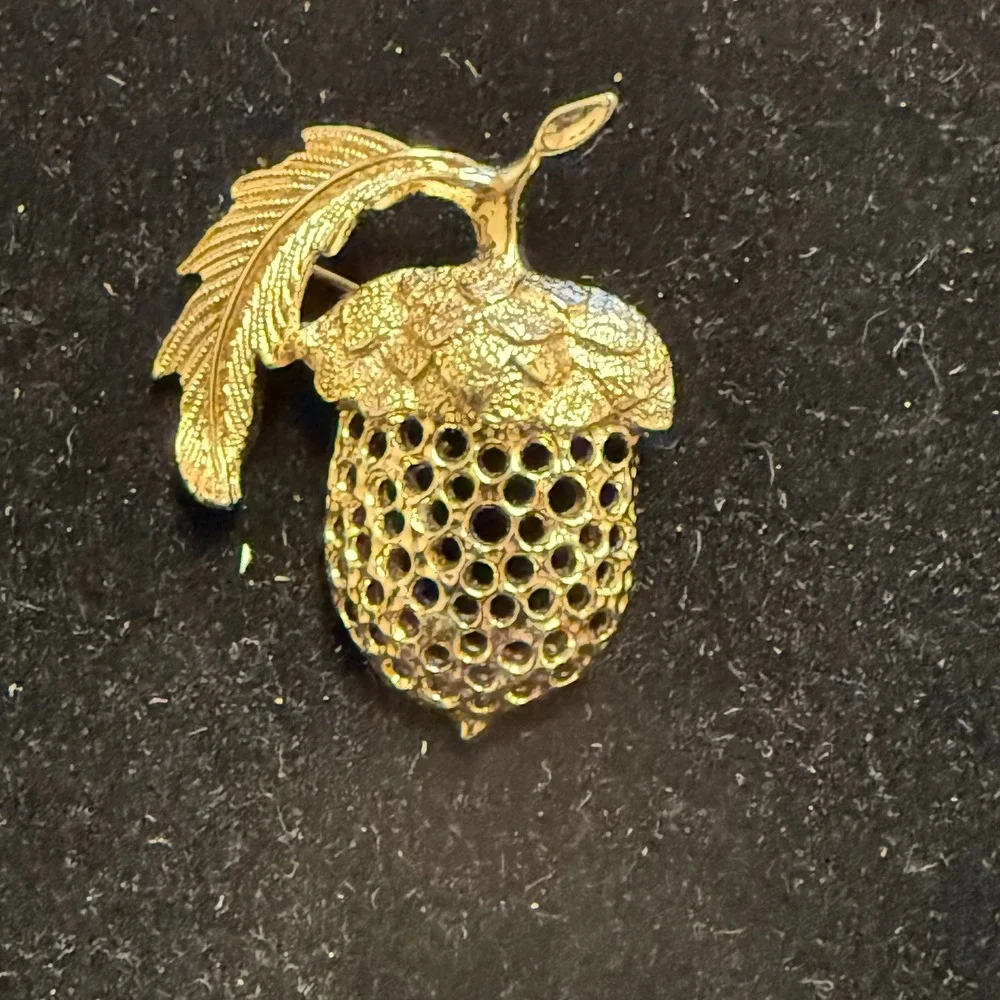 Vintage‎ Sarah Coventry Gold Tone Acorn Leaf Brooch Textured Openwork Fall Pin
